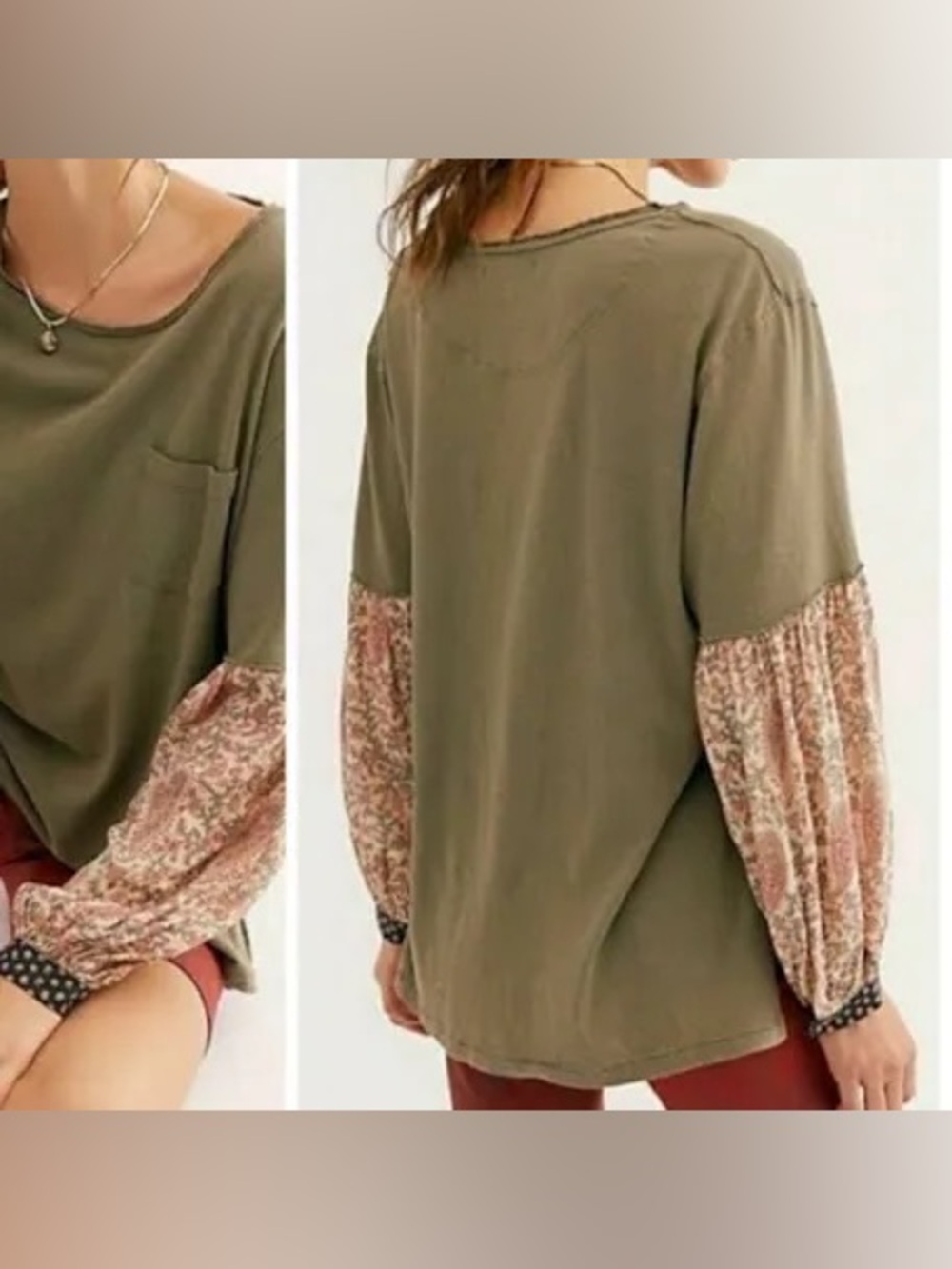 We The Free Olive Long-Sleeve Top with Floral Mixed Sleeves